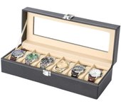 Caja para relojes para 6 relojes compartimientos y almohadillas extraíbles tapa de cristal Piel sintética (6 Relojes) COSHANO