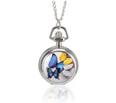 1 Pcs Retro Quartz Pocket Watch Silver Glossy Printed Case With Colorful Butterfly With Chain Necklace Pendant Clock Gifts