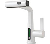 Grifo Cocina Extraible, Grifos de Cocina Fregadero with 3 Modos de Flujo de Agua, 360 ° Giratory Grifo Monomando Flexible Baño with Pantalla Digital de Temperature LED (Blanco)