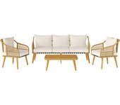 Outsunny Conjunto Jardín Exterior de Ratán con Cojines Conjunto Terraza Resistente a la Intemperie Muebles Jardín Exterior con 2 Sillones Sofá de 3 Plazas Mesa Patas de Madera de Acacia Natural