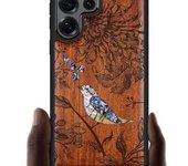 Funda magnética de madera para Samsung Galaxy S25 Ultra, con grabado artesanal de madera e incrustaciones de concha, compatible con cargadores inalámbricos MagSafe (Flores y pájaro) en madera negra.