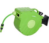 Outsunny Carrete para Manguera 15M+1,5M Soporte Mural Portamanguera Roll-up Automático Giratorio 180° con Pistola de Pulverización Base de Pared Conector de Manguera para Jardín Terraza