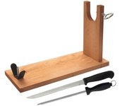 WellHome Jamonero de madera con herraje en V 40x16x23cm, pincho y fijación pezuña, set de cuchillo Jamonero (25cm) y Chaira (21cm) acero inoxidable alta calidad y funda