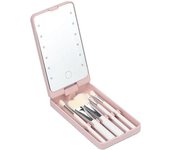 Espejo de Maquillaje Portátil LED Táctil 360 Rotación con 5 Cepillos y Caja de Almacenamiento - Rosa