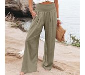 Summer Cotton Linen Wide Leg Pants Women Loose Palazzo Pant Pocket Elastic Waist Button Casual Pants Pant for Women Women’s Pant