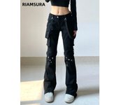 IAMSURE Punk Style Big Pockets Jeans Gothic Gothic Casual Slim Low-Waisted Flare Pants Women 2025 Spring Autumn Streetwear Lady