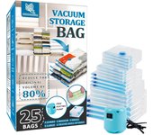 Paquete de 25 bolsas de almacenamiento al vacío con bomba Eléctrica, Bolsas ahorradoras de Espacio (5 Jumbo/5 grandes/5 medianas/5 pequeñas/5 Rollos) de compresión para Bordes y mantas, vendedor de
