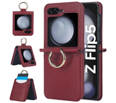 Cross Grain Leather Ring Phone Case for Samsung Galaxy Z Flip 6 5 4 3 Flip5 Flip4 Flip6 Wallet with Card Holder Shockproof Cover