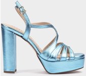 Pedro Miralles Sandalias de tacón con plataforma de piel modelo MALAWI en tonos Azules. Hecho a mano en España.