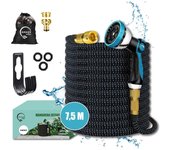 GREEN GOF Manguera de Jardín Premium 7,5m con boquilla de pulverización de 10 funciones, ligera y extensible, con conectores de latón. Alta resistencia con núcleo de látex. Se expande de 2,5 a 7,5 Metros.