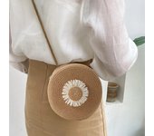 Flower Graphic Circle Straw Bag, Vintage Shoulder Beach Bag, Women's Crossbody Purse Mini Floral Decor Straw Crossbody Bag