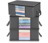 Caja de almacenamiento de ropa plegable gris de 35 litros, juego de tres, asas reforzadas, material de tela resistente al desgaste y ventana transparente, perfecta para guardar suéteres, abrigos y mantas