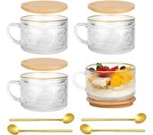 Juego de 4 tazas de café grandes con borde dorado, vasos vintage para Latte Macchiato con tapa y cuchara (400 ml), perfectos para café, capuchino, café con leche, avena y más