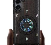 Funda magnética de madera para Galaxy S25+/S25 Plus, con grabado artesanal de madera e incrustaciones de concha, compatible con cargadores inalámbricos MagSafe (estilo azteca, lagos alpinos) rosa