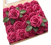 Artificial Flowers 25pcs Real Looking Fuchsia Foam Fake Roses with Stems for DIY Wedding Bouquets Bridal Shower Centerpieces Flo