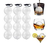Molde redondo transparente con 4 orificios para hacer bolas de hielo y cubierta de silicona, ideal para hacer cubitos de hielo, cócteles, bourbon, brandy y whisky (2 unidades)