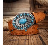 Western Cowboy PU Leather Belt - Men Waist Strap Bull Decoration Floral Engraved for Jeans