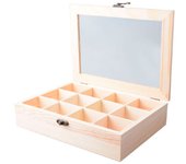 Tradineur - Caja de madera con 12 compartimentos y tapa con cristal, joyero, expositor de joyas, organizador, collares, anillos, pendientes, 21,5 x 16 x 4,6 cm