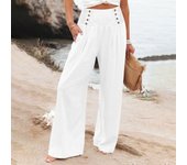 Summer Cotton Linen Wide Leg Pants Women Loose Palazzo Pant Pocket Elastic Waist Button Casual Pant Pants for Women Women’s Pant