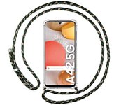 Tumundosmartphone Funda Colgante Transparente para Samsung Galaxy A42 5G con Cordon Verde / Dorado