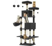 Árbol para gatos XXL de 206 cm, torre con 13 postes, 2 plataformas, 2 cuevas, cesta, hamaca, pompón y rascador multinivel para gatos grandes