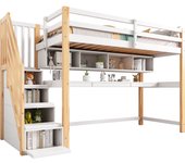 Cama Alta para niños with Escalera de almacenamiento 90*200cm, Madera maciza + MDF, Litera, Cama para niños with scriorio Grande y estantes Colores repetuoso with medium Environment, natural y Blanco [SKU ANTIGUO:N634P18638123W].