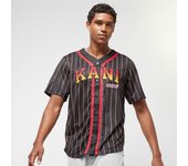Camiseta Beisbolera Kark Kani Serif Pinstripe Black Red Yellow