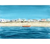 Cuadro "CULATRA" Vertical  Reproducción  lienzo Alta Calidad acuarela marina colorida  arena azules blanco rojo amarillo verde turquesa bote rojo horizonte casas blancas ventanas de colores Calma Paz vacaciones isla Salon Casa playa Ref ANA DURAN A 035