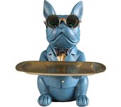 Muñeca bulldog francés con bandeja decoración de mesa de acero inoxidable escultura decoración llavero estatua piezas pequeñas contenedor frutero (azul)