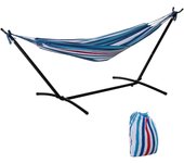 Hamaca con Soporte 310x117 cm Hamaca de Camping con Bolsa de Transporte Portátil Altura Ajustable Carga 120 kg para Patio Terraza Rayas Azul y Blanco