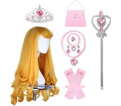Cute Girls Aurora Cosplay Accessories for Kids Princess Role Play Dress Up Props Auroa Wig Yellow Gold Long Curly Girls Wig