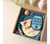 New born baby gift set silicone mobile teether wooden bunny rattle Photography props