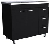 TUHOME Mueble Base Ferreti en Melamina con 3 Cajones, 2 Puertas y Encimera de Acero Inoxidable, Negro - 90 cm X 100 cm X 52.5 cm