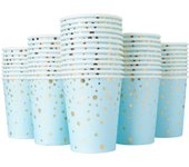 Vasos de papel para fiesta de confeti, paquete de 50 vasos de papel desechables con papel de aluminio dorado, suministros y decoraciones para fiestas de cumpleaños infantiles, bodas, despedidas de soltera, blanco y dorado, 12 onzas