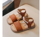 Unishuni Girls Sandals Princess One-Strap Summer Shoes Child Soft Skin-Friendly Cloth Sandal Kids Lace Pearl Bohemia Beach Flats