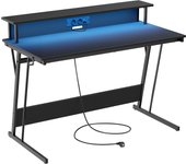 VASAGLE Escritorio para Juegos con Luces LED y Tomas de Corriente Incorporadas, Escritorio con Estante para 2 Monitores, Mesa para Oficina Dormitorio, 60 x 120 x 76 cm,  Negro Carbón/Marrón Rústico