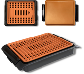 STARLYF Barbacoa eléctrica Smokefree Grill Copper + Placa Extra, 1250W, Revestimiento de cobre antiadherente, Cocción uniforme, Termostato Ajustable