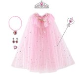 Girl Princess Costume Kids Party Accessories Cloak Crown Wand Necklace Earrings Rings Set Elsa Anna Rapunzel Aurora Tulle Cape