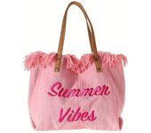 Women's Large Canvas Tote Bag with Embroidered "Summer Vibes" Lettering, Green with Brown Straps & Tassel Details – Perfect for Beach, Shopping, and Everyday Use, Beach Tote Bag