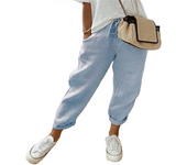 Pantalones elásticos con bolsillos de algodón y lino para mujer, pantalones de mujer, pantalones de primavera y verano
