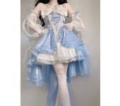 French Romantic Style Lolita Op Elegant Girl Cosplay Princess Puff Sleeve Ribbon Bowknot Flower Tunic Mesh Fantastic Fairy Dress