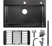 CECIPA MAX 70×45cm Fregadero Cocina Negro Gris con Escurridor Retráctil, Grande Fregadero sobre Encimera Negro para Armarios de 70cm o Más, Fregadero Negro 1 seno de Acero Inox con Sifón y Rebosadero