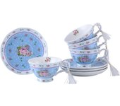 Juego de Taza y platillo de café (4 Unidades, Porcelana), diseño de pájaro, Mariposa, Flora y Flor, Color Azul