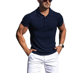 Men's Summer Polo Shirt, Authentic Hemp Cotton Short Sleeve, Round Ne, Solid Stripe,  Stretch