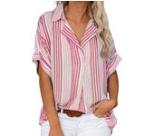 Women Summer Short Sleeve Blouse Lapel V Neck Daily Tops Green Stripes S
