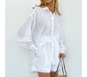 Top a rayas de manga larga para mujer, blusa suelta con bolsillos, pantalones cortos a rayas de manga burbuja Conjunto casual de diseño Commuter
