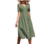 Vestido De Verano De Longitud Media Para Mujer, Vestido De Color Liso Con Cuello En V Y Manga Corta