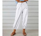 e linen and cotton pants buttons for women, wide leg trousers with nine stitches, high waist, novelty
