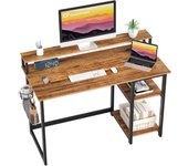 Escritorio de Ordenador con Soporte de Monitor, Escritorio de Oficina con Estantes de Almacenamiento Ajustables, Pequeño Escritorio Reversible para el Estudio, Beige