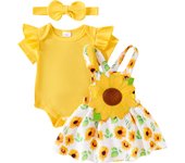 Pudcoco Baby Girl Summer Outfits Short Sleeve Romper + Sunflower Suspender Skirt + Headband Set